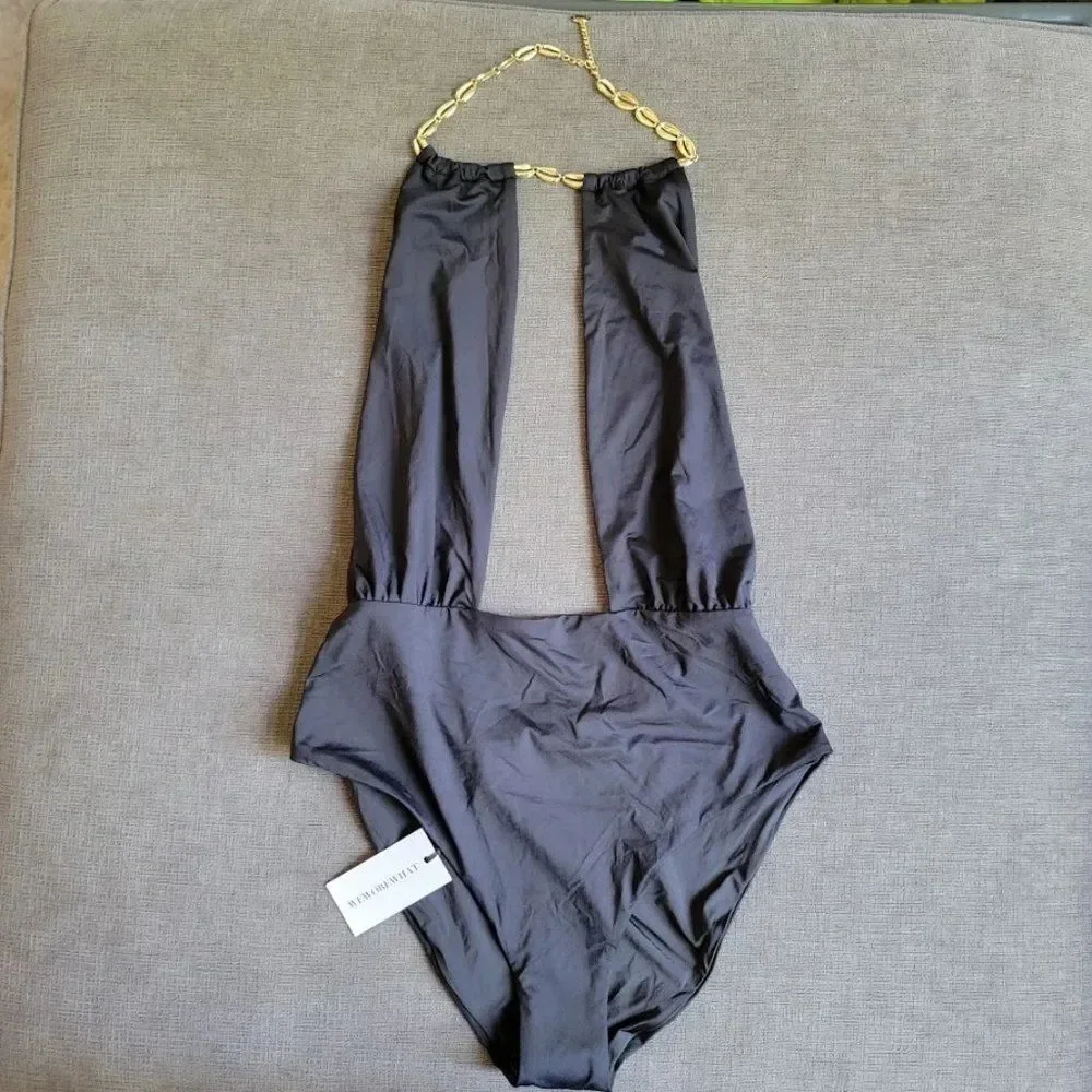 Weworewhat Women's Necklace Black One-piece Bathing Suit Size Medium